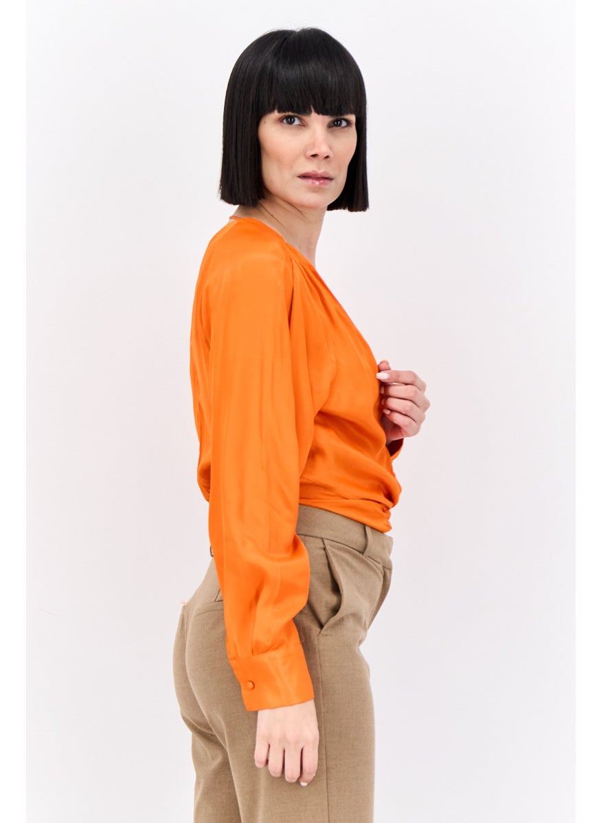 MANGO Women V-Neck Long Sleeves Plain Blouse, Orange  - Image 2