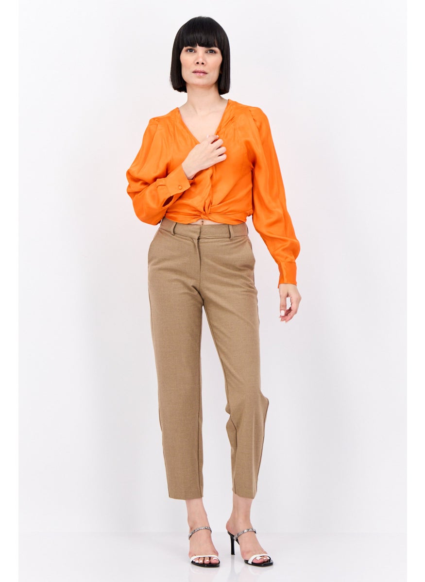 MANGO Women V-Neck Long Sleeves Plain Blouse, Orange  - Image 4