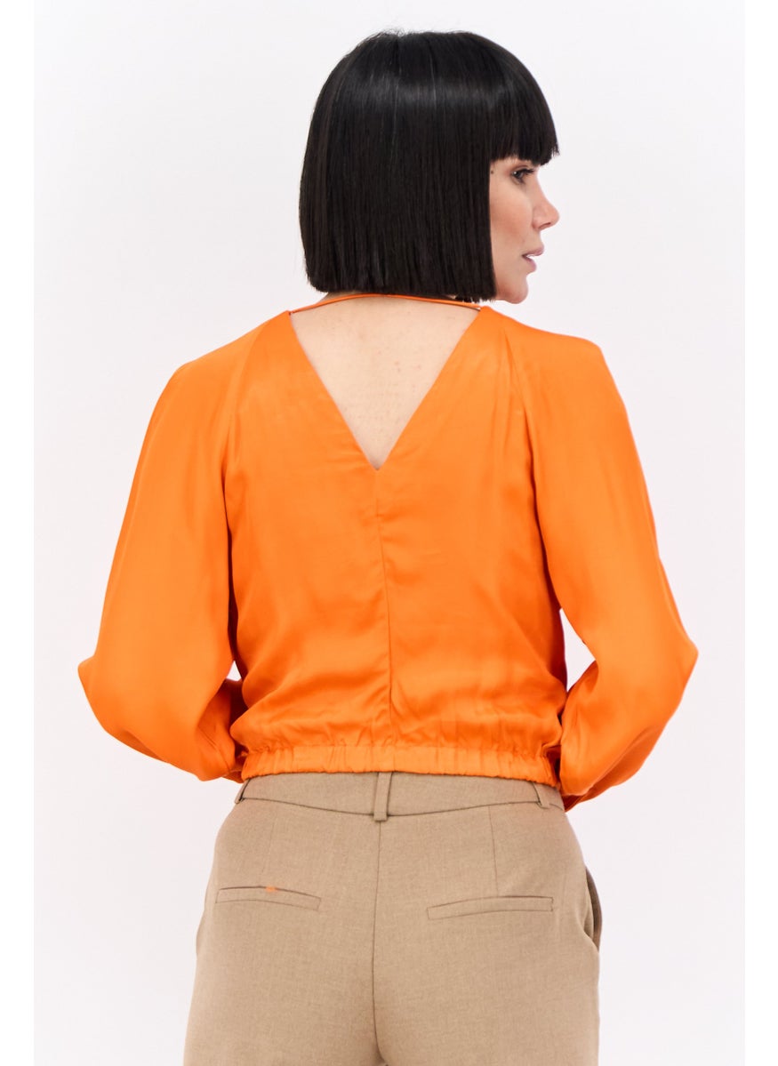 MANGO Women V-Neck Long Sleeves Plain Blouse, Orange  - Image 3