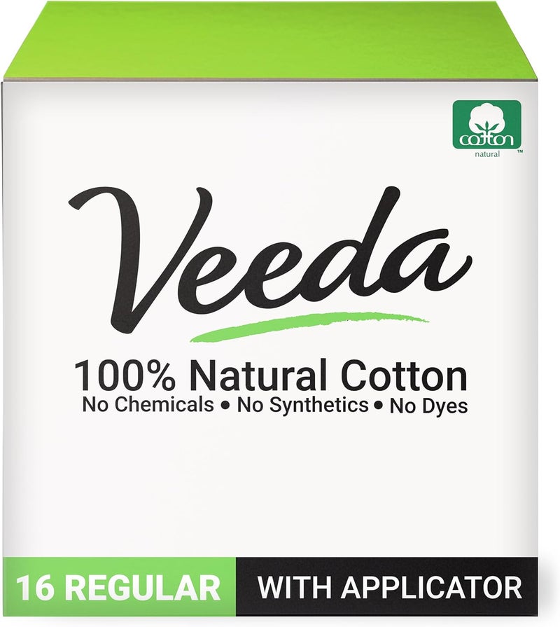 Veeda 100% Natural Cotton Tampons - Regular Absorbency with Leak Proof Protection - Compact BPA-Free Applicator - Unscented & Free from Chlorine, Toxin - 16 Count