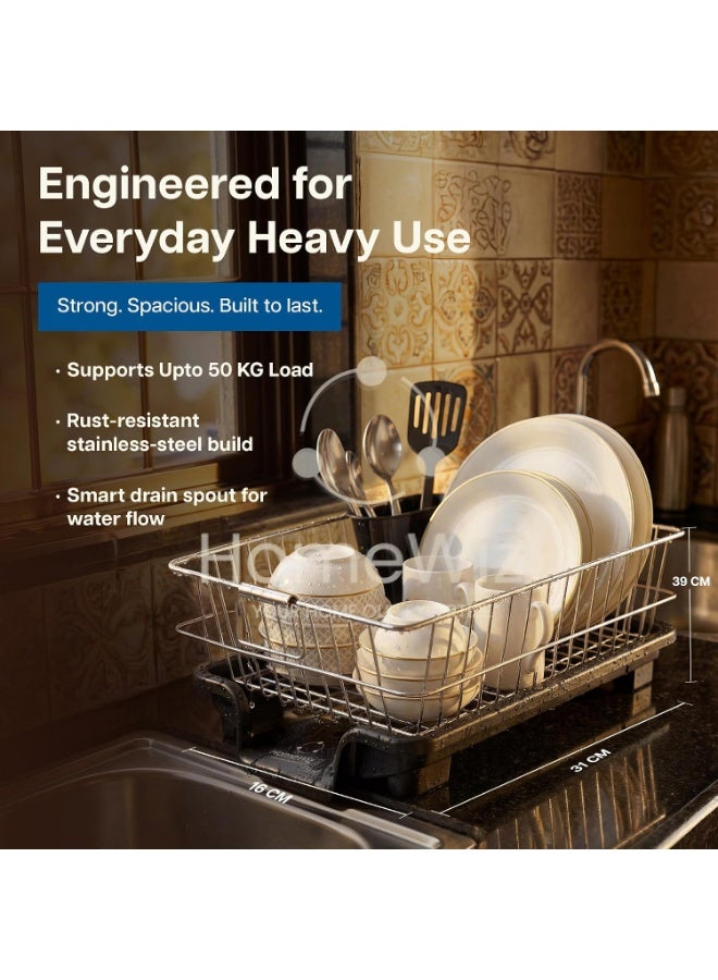 HomeWiz Dish Drying Rack | 100% Stainless Steel Utensils Drying Rack for Kitchen with Spoon Holder | Kitchen Rack with Built-in Drainage | Bartan Stand | Chrome Finish Forever Rust-Free | 40×32×16 cm - Image 3