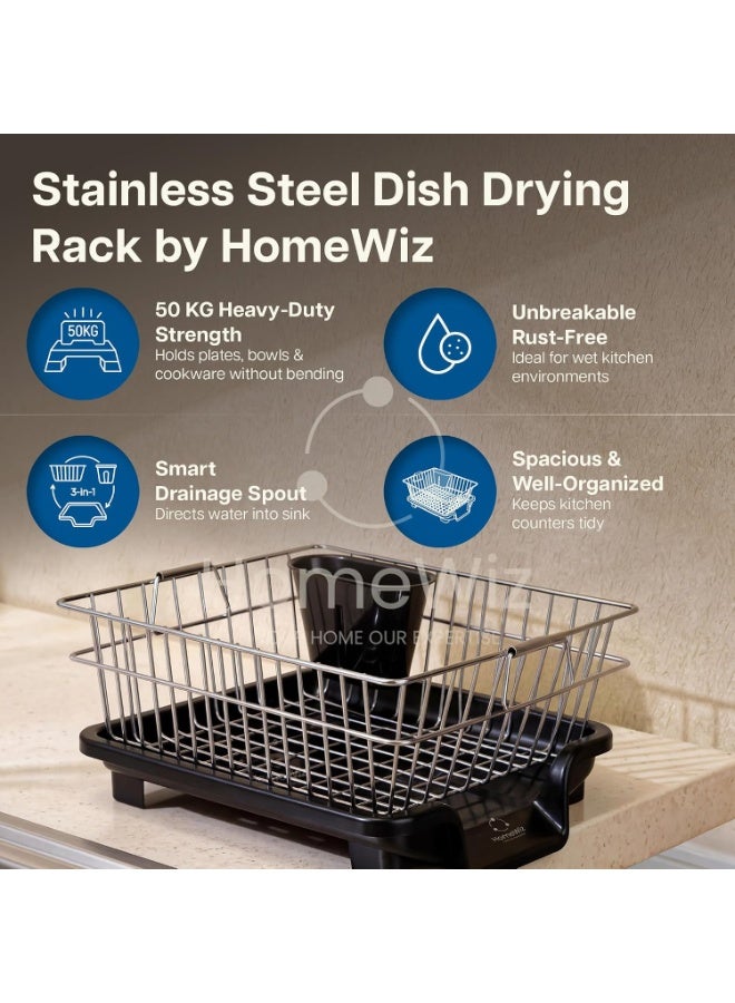 HomeWiz Dish Drying Rack | 100% Stainless Steel Utensils Drying Rack for Kitchen with Spoon Holder | Kitchen Rack with Built-in Drainage | Bartan Stand | Chrome Finish Forever Rust-Free | 40×32×16 cm - Image 2