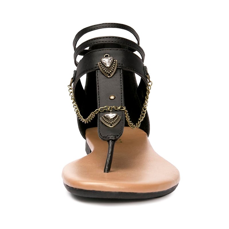 Colgo Thong Flat Sandals with Chain, Ankle Strap Zip Closure Flat Sandals, Women's Casual Sandals for Summer Party (Black/Sdl,9) - Image 2