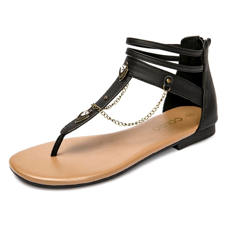 Colgo Thong Flat Sandals with Chain, Ankle Strap Zip Closure Flat Sandals, Women's Casual Sandals for Summer Party (Black/Sdl,9) - Image 1