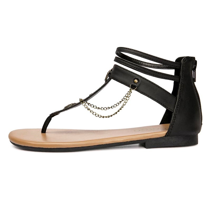 Colgo Thong Flat Sandals with Chain, Ankle Strap Zip Closure Flat Sandals, Women's Casual Sandals for Summer Party (Black/Sdl,9) - Image 3
