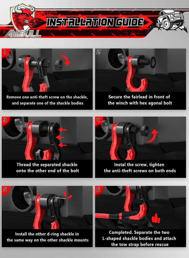 AMBULL D Ring Shackles 3/4" Split Shackles, 44,000lbs Break Strength Towing Winch Shackles, Heavy Duty Shackles with 7/8" Screw Pin for Tow Strap Winch Off Road Vehicle Recovery, BlackRed - Image 5