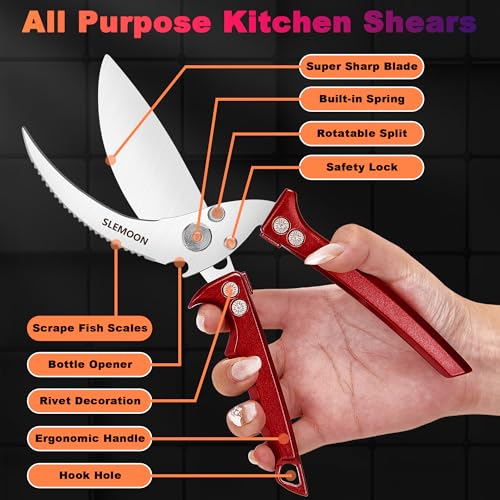 SLEMOON Heavy Duty Poultry Shears Meat Cutting Dishwasher Safe and Food Stainless Kitchen Shears Kitchen Scissors for Chicken Turkey Thanksgiving,Gift Box,burgundy - Image 3