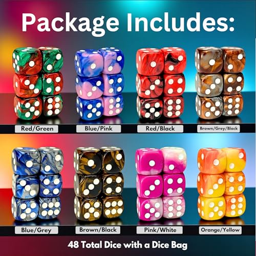 Luck Lab 48 Pack of 16mm Marble Swirl D6 Dice 6 Sided Dice Set Round Corner Board Game Dice for MTG DND Tenzi Farkle Yahtzee Bunco or Learning Math White Pip Multicolor Swirl - Image 5