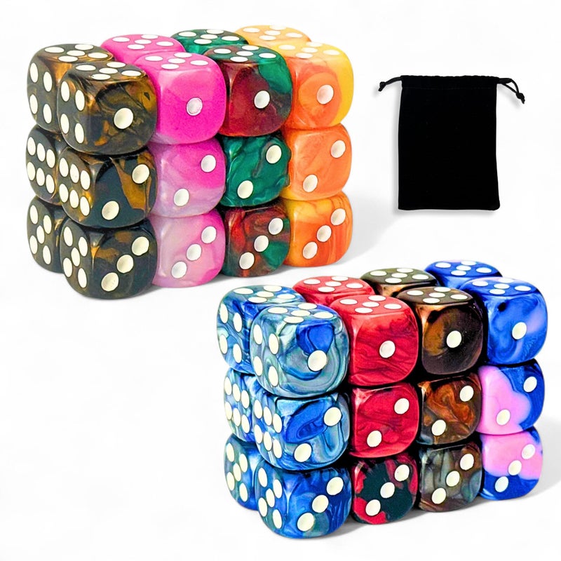 Luck Lab 48 Pack of 16mm Marble Swirl D6 Dice 6 Sided Dice Set Round Corner Board Game Dice for MTG DND Tenzi Farkle Yahtzee Bunco or Learning Math White Pip Multicolor Swirl - Image 3