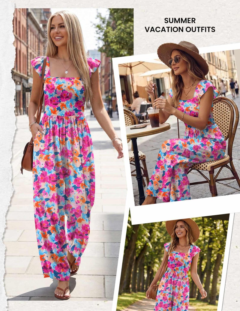 Ekouaer Womens Casual Jumpsuits Summer Boho Outfits Printed Smocked Wide Leg Vacation Jumper With Pockets Red Blue Floral L - Image 4