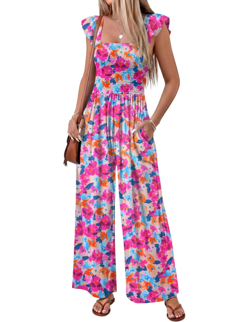 Ekouaer Womens Casual Jumpsuits Summer Boho Outfits Printed Smocked Wide Leg Vacation Jumper With Pockets Red Blue Floral L - Image 1