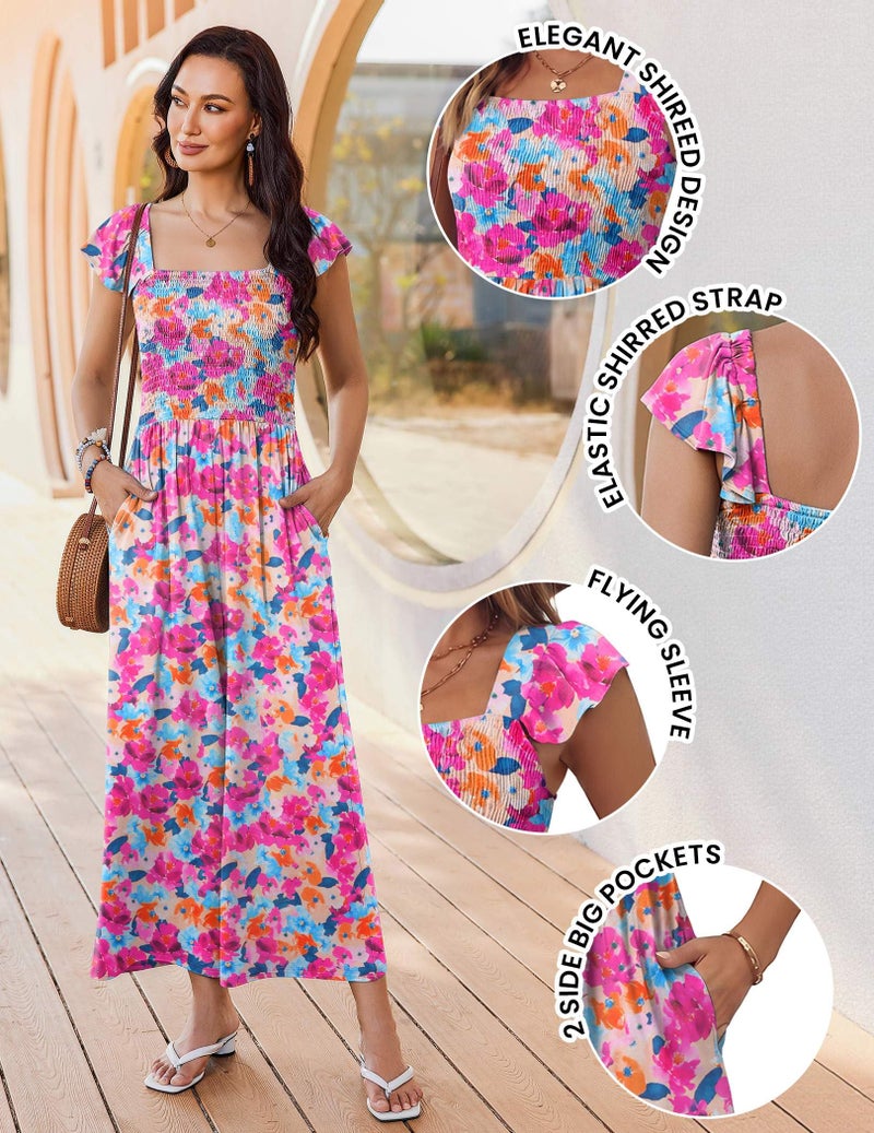 Ekouaer Womens Casual Jumpsuits Summer Boho Outfits Printed Smocked Wide Leg Vacation Jumper With Pockets Red Blue Floral L - Image 5