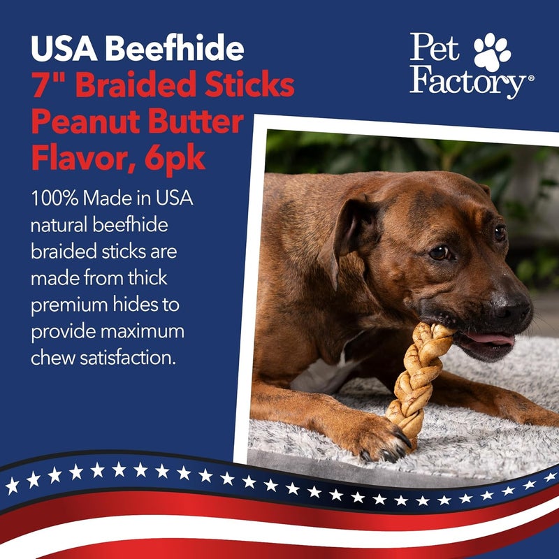 Pet Factory 100% Made in USA Beefhide 7" Braided Sticks Dog Chew Treats - Peanut Butter Flavor, 6 Count/1 Pack - Image 2