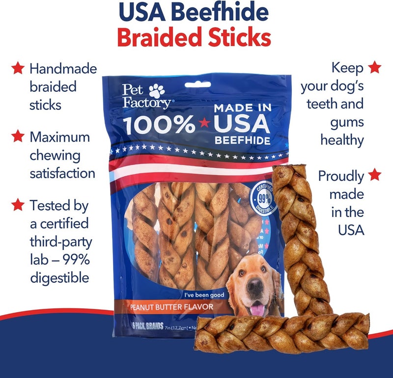 Pet Factory 100% Made in USA Beefhide 7" Braided Sticks Dog Chew Treats - Peanut Butter Flavor, 6 Count/1 Pack - Image 3