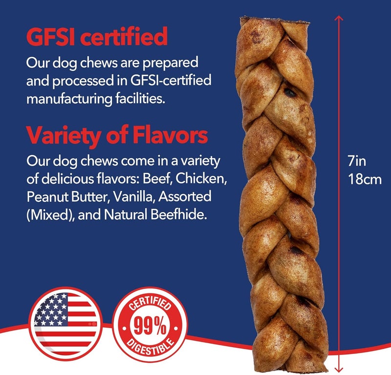Pet Factory 100% Made in USA Beefhide 7" Braided Sticks Dog Chew Treats - Peanut Butter Flavor, 6 Count/1 Pack - Image 4