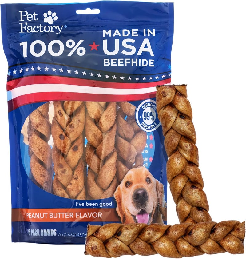 Pet Factory 100% Made in USA Beefhide 7" Braided Sticks Dog Chew Treats - Peanut Butter Flavor, 6 Count/1 Pack - Image 1