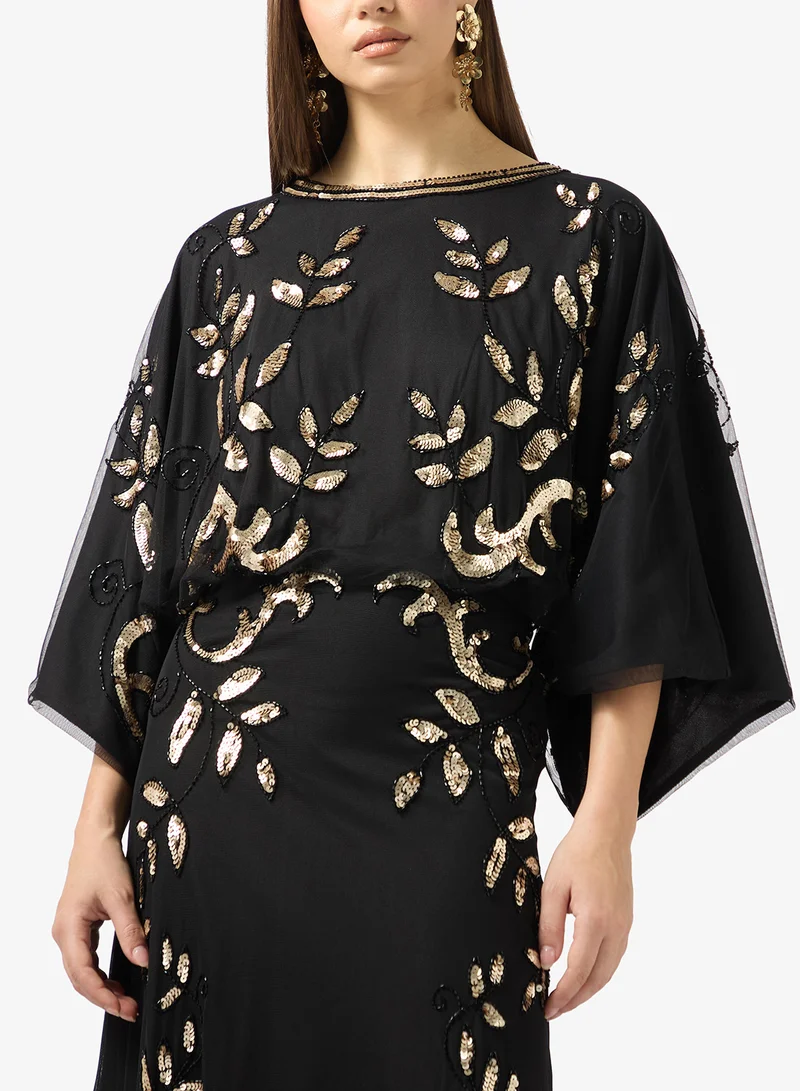 Frock And Frill black Embellished crew neck maxi dress for Women | Best Price UAE