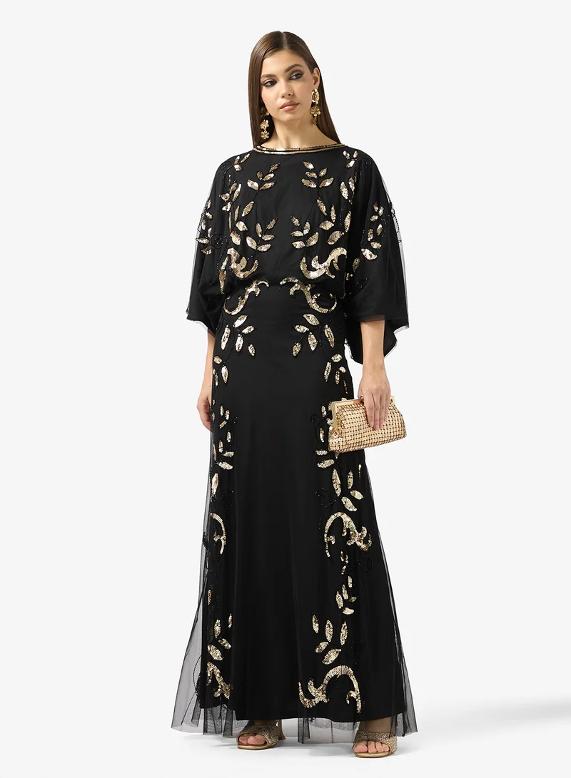 Frock And Frill black Embellished crew neck maxi dress for Women | Best Price UAE