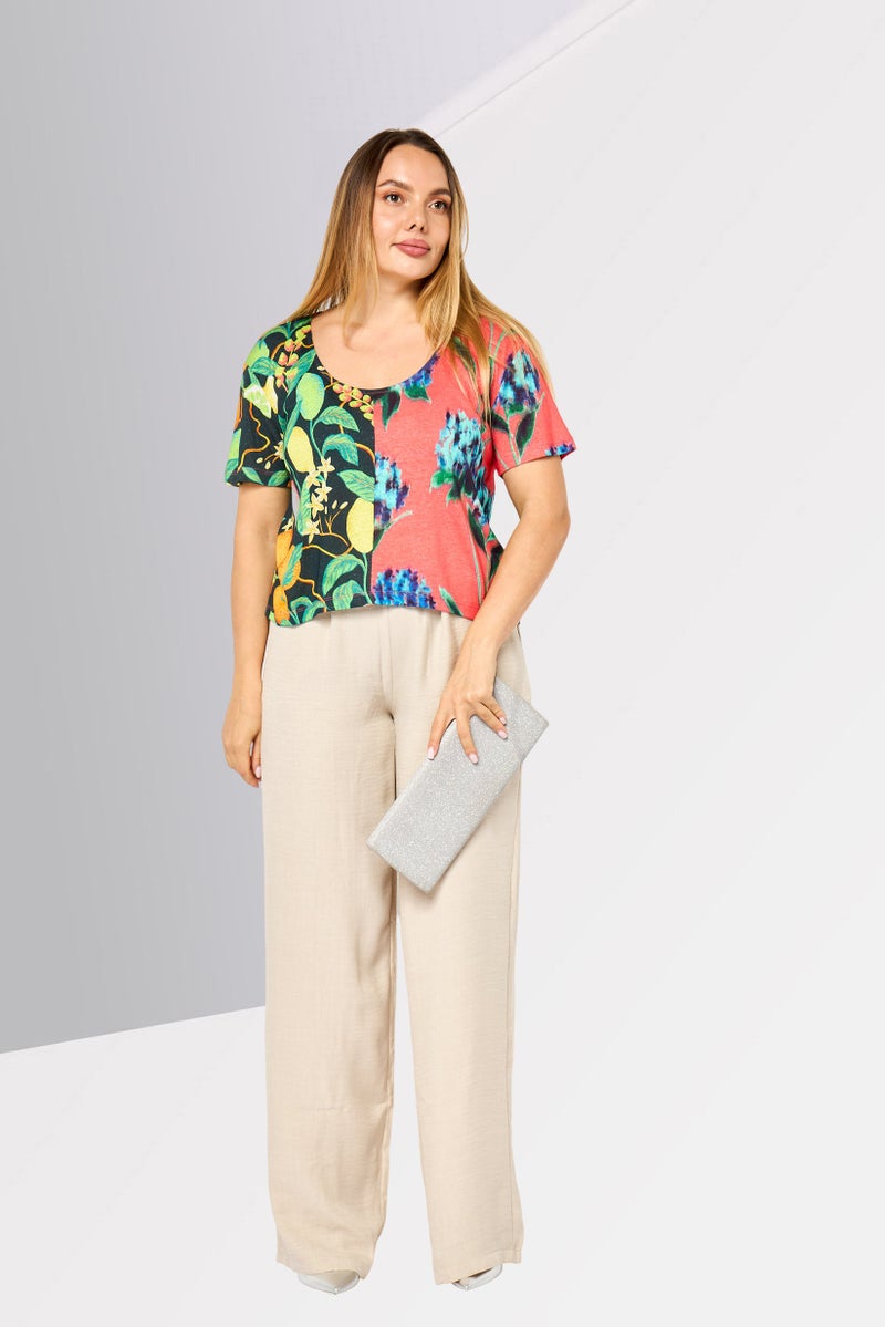 DESIGUAL Women Round Neck Short Sleeves Floral Pattern Top, Multicolor - Image 2