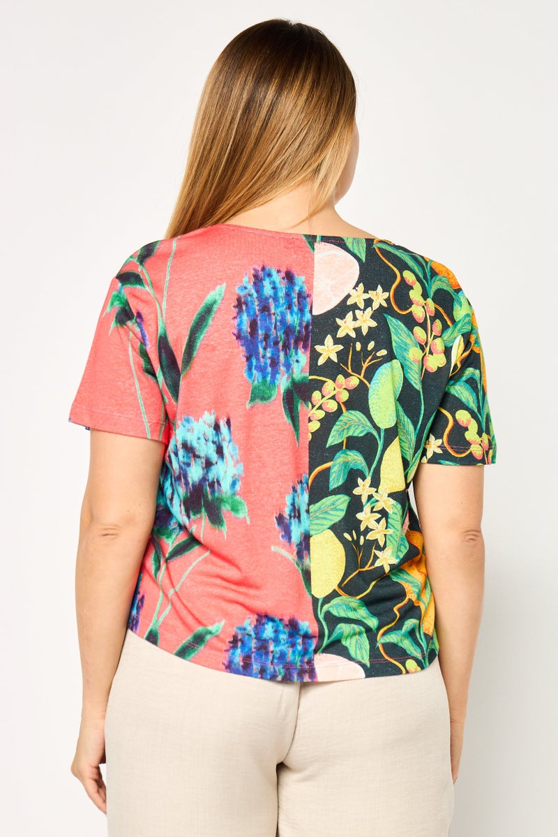 DESIGUAL Women Round Neck Short Sleeves Floral Pattern Top, Multicolor - Image 4