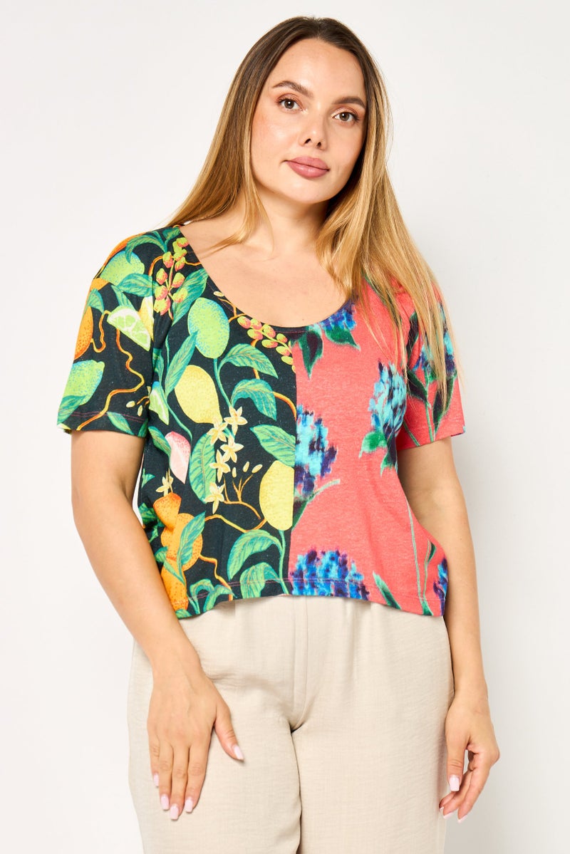 DESIGUAL Women Round Neck Short Sleeves Floral Pattern Top, Multicolor - Image 1