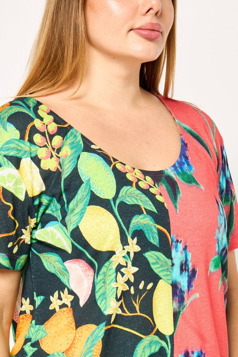 DESIGUAL Women Round Neck Short Sleeves Floral Pattern Top, Multicolor - Image 3