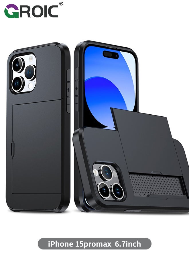 GROIC iPhone 15 Pro Max Black Wallet Case with Card Holder, Heavy Duty Protective Dual Layer Slide Shockproof Hidden Card Slot Slim Case for Women Men - Image 1