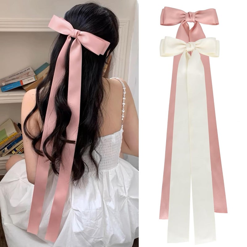 NAISIER NAISIER 21 inch Silky Satin Hair Accessories: Large Ribbon Bows, Ponytail Holders, Silk Bowknots, and Metal Barrettes in Pink & White 