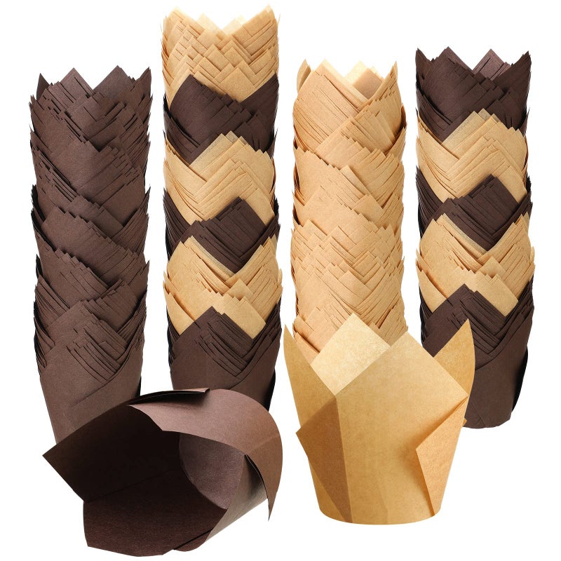 Chengu 400 Pcs Tulip Cupcake Liners Baking Cups Tulip Muffin Liners Wrappers Greaseproof Baking Cups Holders for Christmas Wedding Birthday Baby Shower Party SuppliesBrown Natural