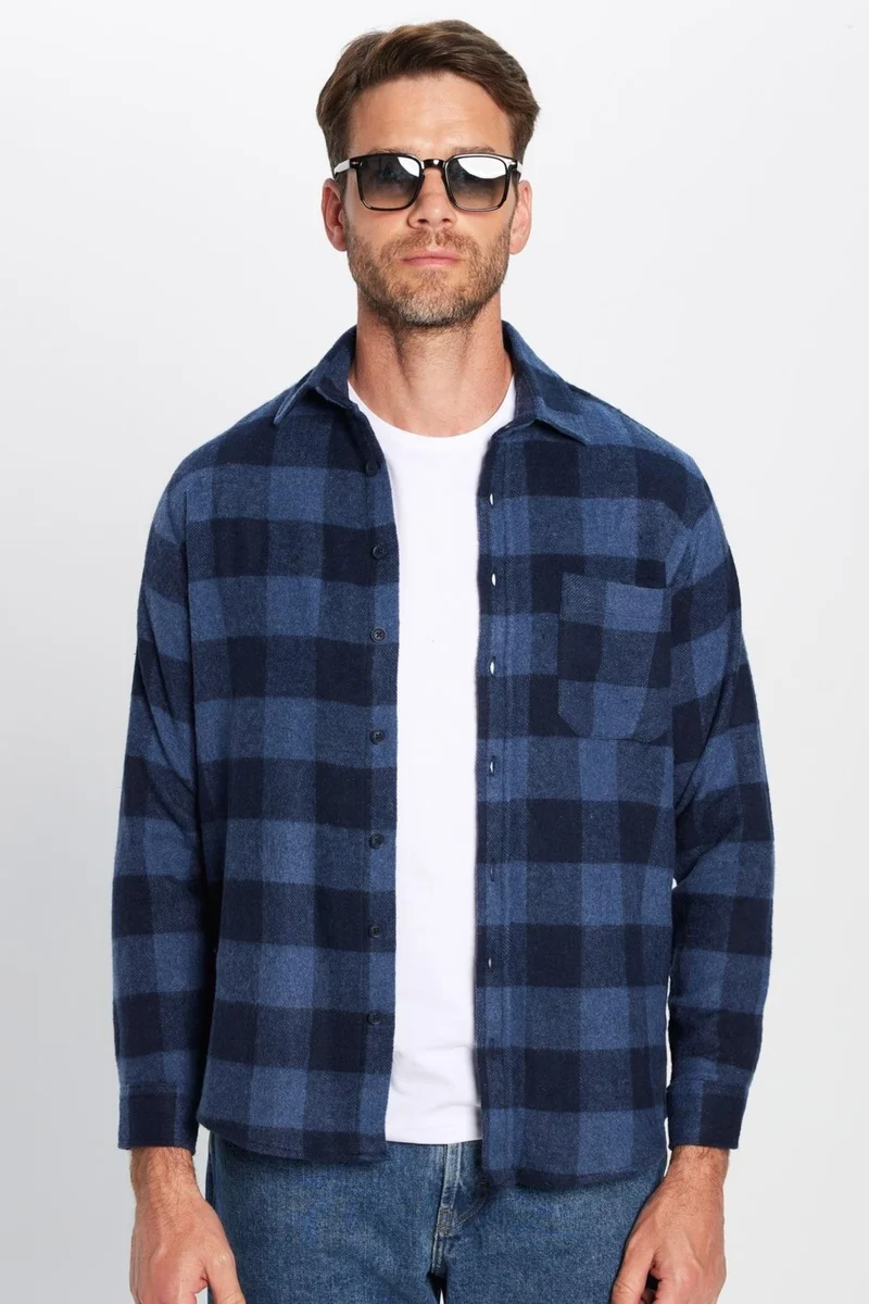 تودورس Men's Classic Fit Regular Cut Lumberjack Single Pocket Checkered Winter Shirt