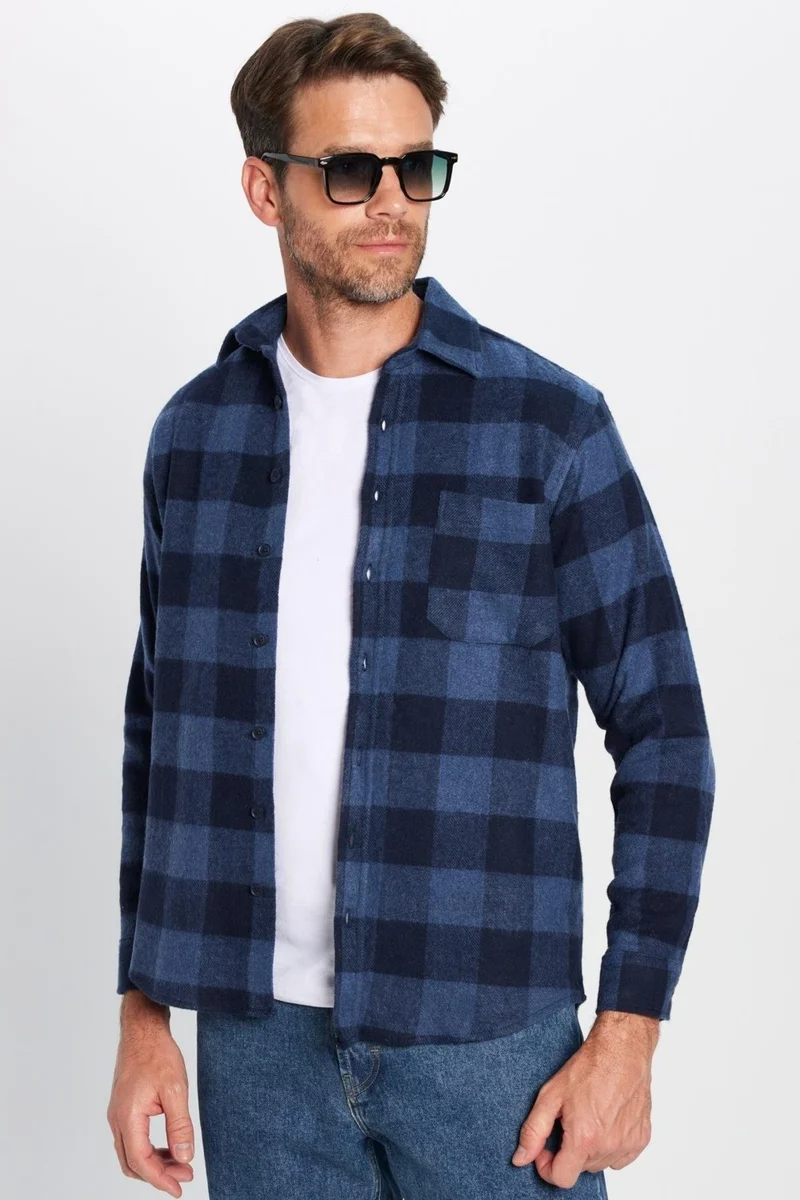 تودورس Men's Classic Fit Regular Cut Lumberjack Single Pocket Checkered Winter Shirt