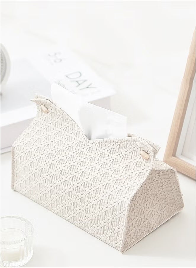 Miamia Tissue Box Cover Rectangular Cube Imitation PU Leather Woven Tissue Box Cover Tray Storage Box Suitable for Home Desktop Office Car Bathroom Decoration (Beige) - Image 3