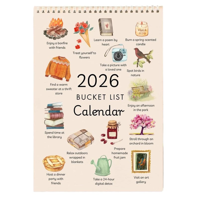 2026 Bucket List Calendar, Goal Setting Wall Calendar, including monthly bucket list activities, inspirational artworks, and seasonal adventures for family office organization and mindfulness living - Image 1