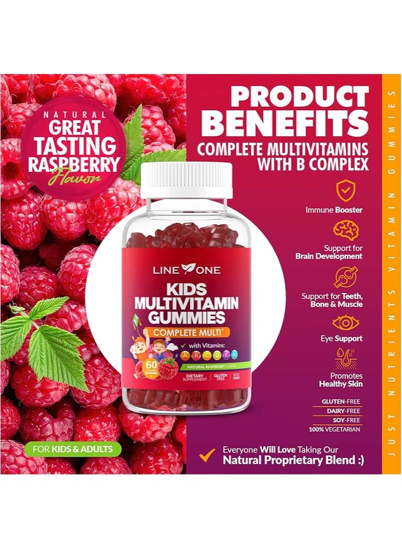 LINE ONE Kids Multivitamin Gummies with Vitamins A, C, D, E, K and B Complex – Complete Multivitamin with Immune Support for Children – Raspberry Flavor – Gluten-Free, Non-GMO, Vegan - 60 Gummies  - Image 3