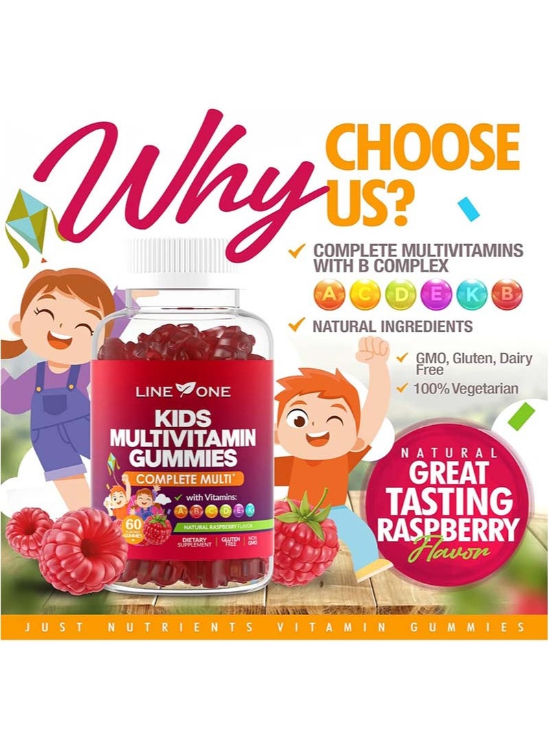 LINE ONE Kids Multivitamin Gummies with Vitamins A, C, D, E, K and B Complex – Complete Multivitamin with Immune Support for Children – Raspberry Flavor – Gluten-Free, Non-GMO, Vegan - 60 Gummies  - Image 2