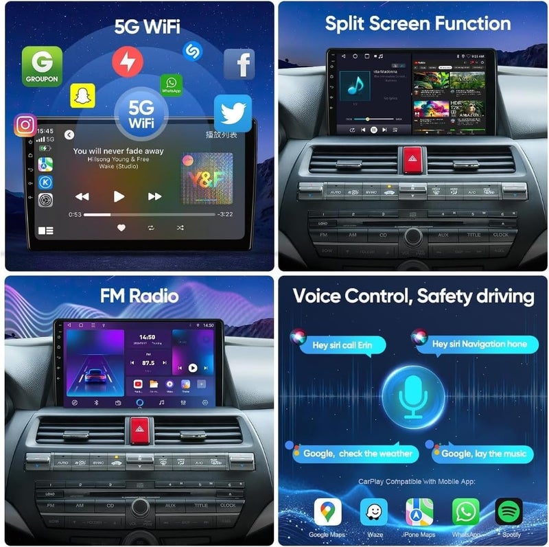 Vierex Fit Honda Accord Car Stereo Accord Android Screen 2008-2013 with Wireless CarPlay & Android Auto, 5G WiFi, GPS Navigation, BT, 1080P Backup Camera,Fast Interface (4+32GB Carplay 8CORE) - Image 4