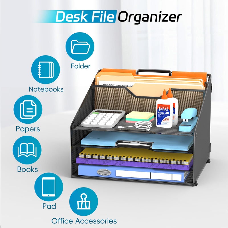 Reeplan Desk File Organizer, Paper Organizer with 4 Letter Trays and 2 Vertical Upright Sections, Desk Organizers and Accessories for Office, School, Home, Black - Image 3