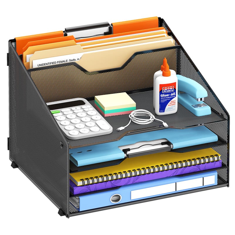 Reeplan Desk File Organizer, Paper Organizer with 4 Letter Trays and 2 Vertical Upright Sections, Desk Organizers and Accessories for Office, School, Home, Black - Image 1