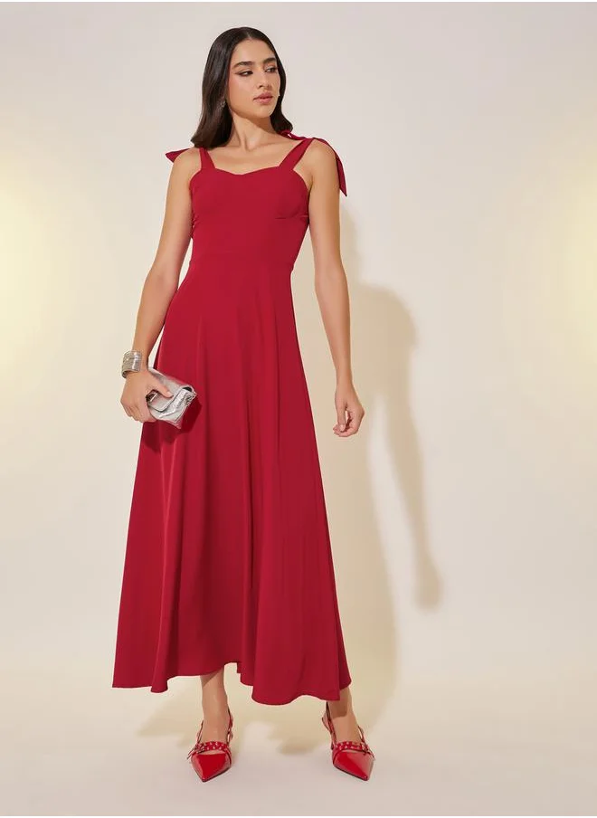 ستايلي Solid Tie Sleeves A-Line Maxi Dress