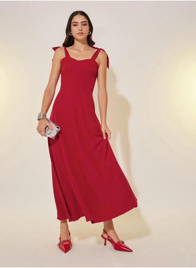 ستايلي Solid Tie Sleeves A-Line Maxi Dress