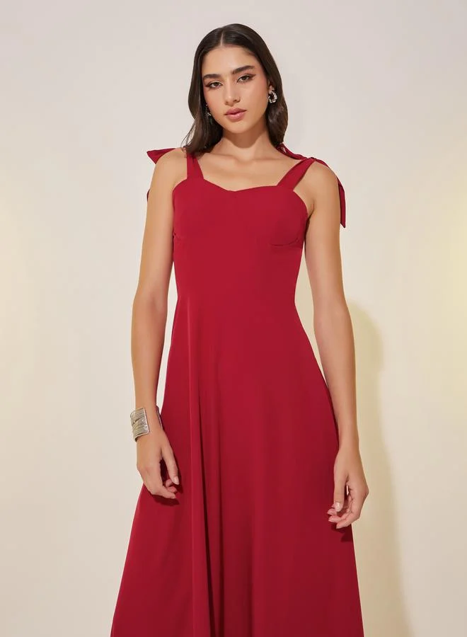 Take Two Solid Tie Sleeves A-Line Maxi Dress