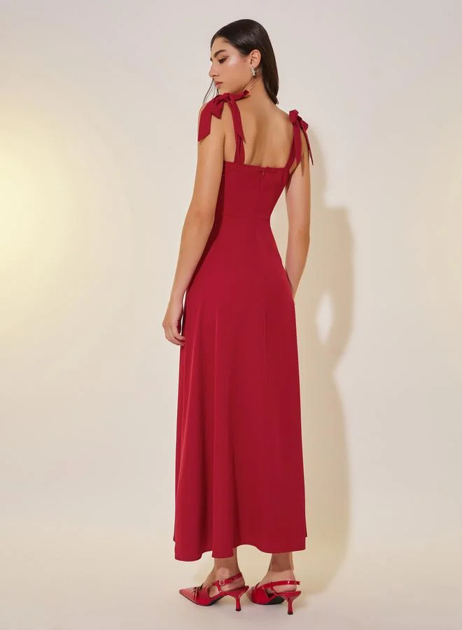 Take Two Solid Tie Sleeves A-Line Maxi Dress