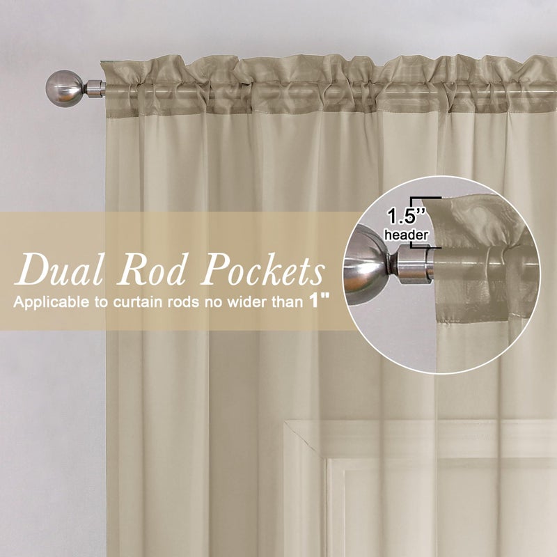 Lecloud Taupe Sheer Curtains 63 Inch Length 2 Panels, Airy & Breathable Solid Voile Tan Bedroom Drapes with Dual Rod Pockets, Gauzy Farmhouse Living Room Window Treatments, 40" W x 63" L - Image 2