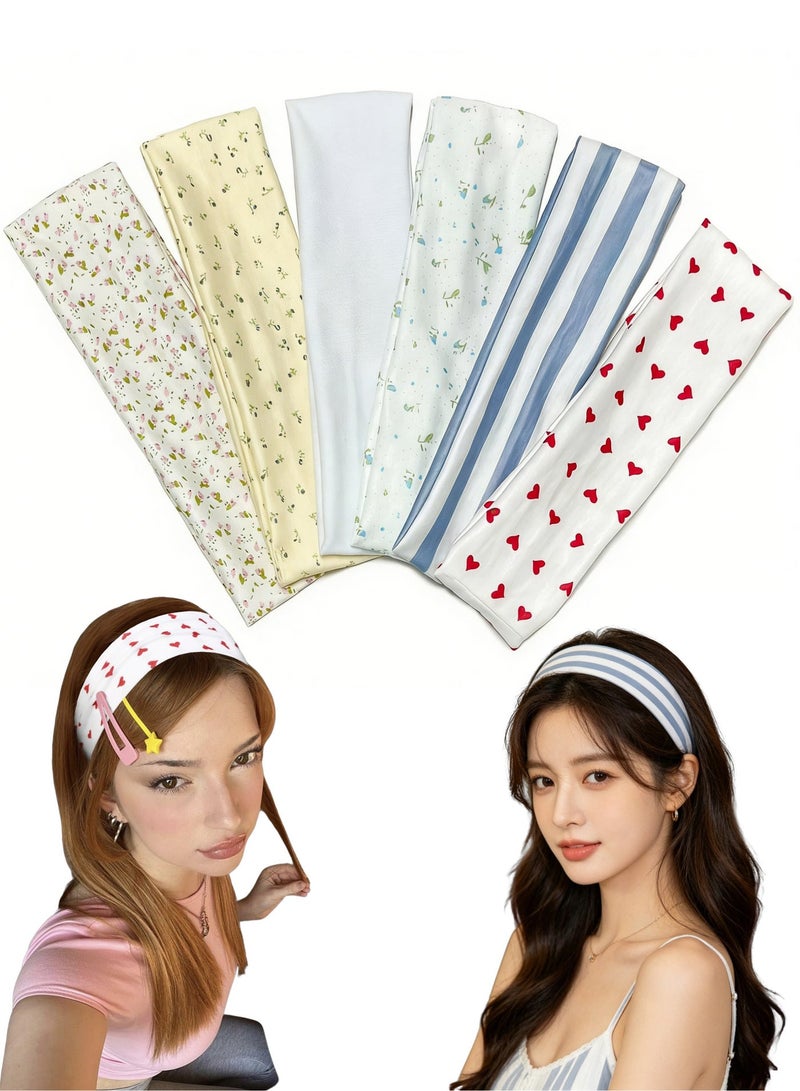 6 PCS Fashion Women's Headbands for Short Hair Non Slip Elastic Floral Hairbands, Soft Fabric Thick Stripe Head Bands for Girls, Valentine's Day Heart Headbands - Image 1