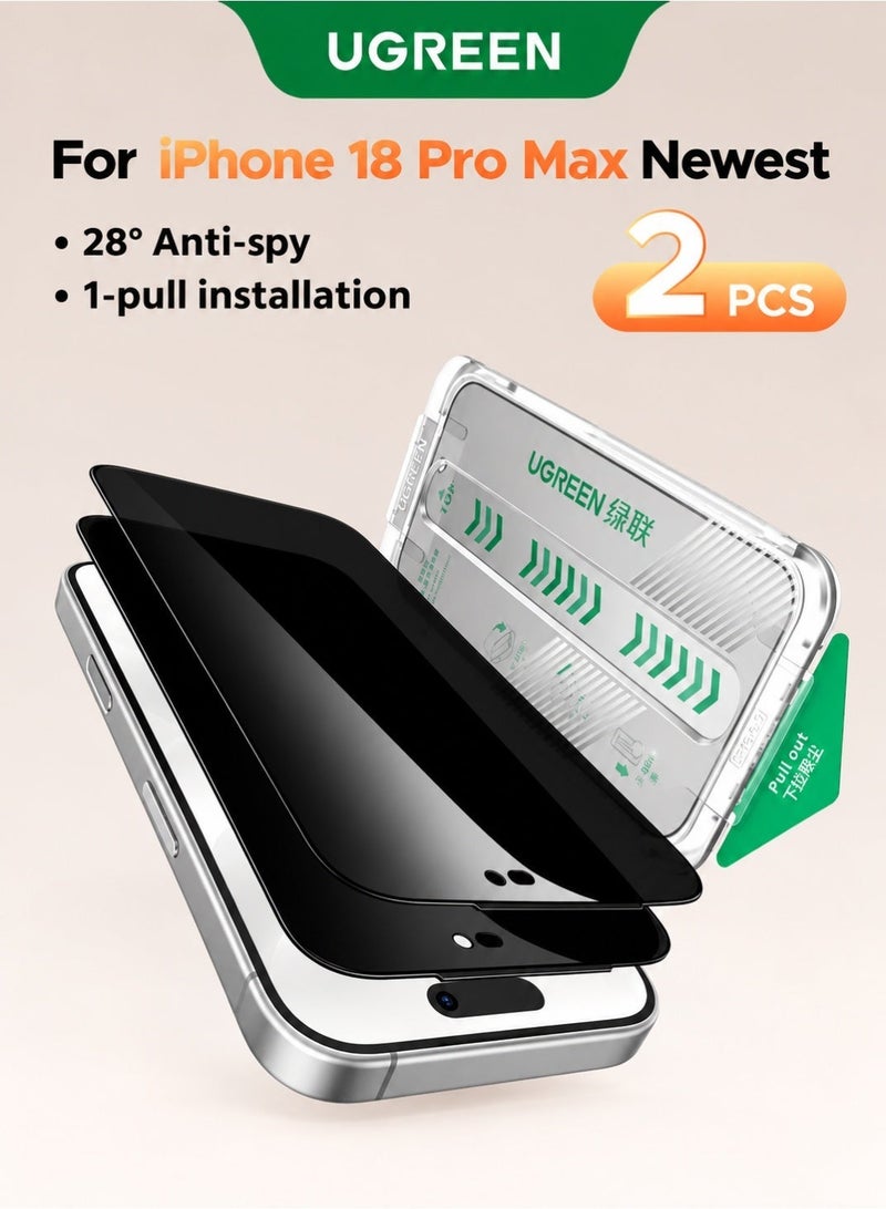 Ugreen 2 Pack for iPhone 18 Pro Max Privacy Screen Protector, Easy One-Pull Installation, Top 28° Anti-Spy, Data Protection, Full-Coverage Protection, UltraFit Tray, 9H Tempered Glass black - Image 1