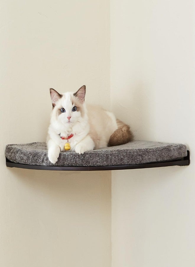 LIORCE Wall Mounted Corner Cat Bed - Cat Shelf with Comfortable Cushion - Minimalistic Cats Furniture for Indoor Cats - Climbing Perch for Wall, Walnut - Image 1