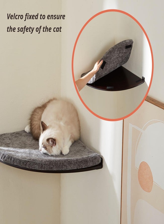 LIORCE Wall Mounted Corner Cat Bed - Cat Shelf with Comfortable Cushion - Minimalistic Cats Furniture for Indoor Cats - Climbing Perch for Wall, Walnut - Image 3