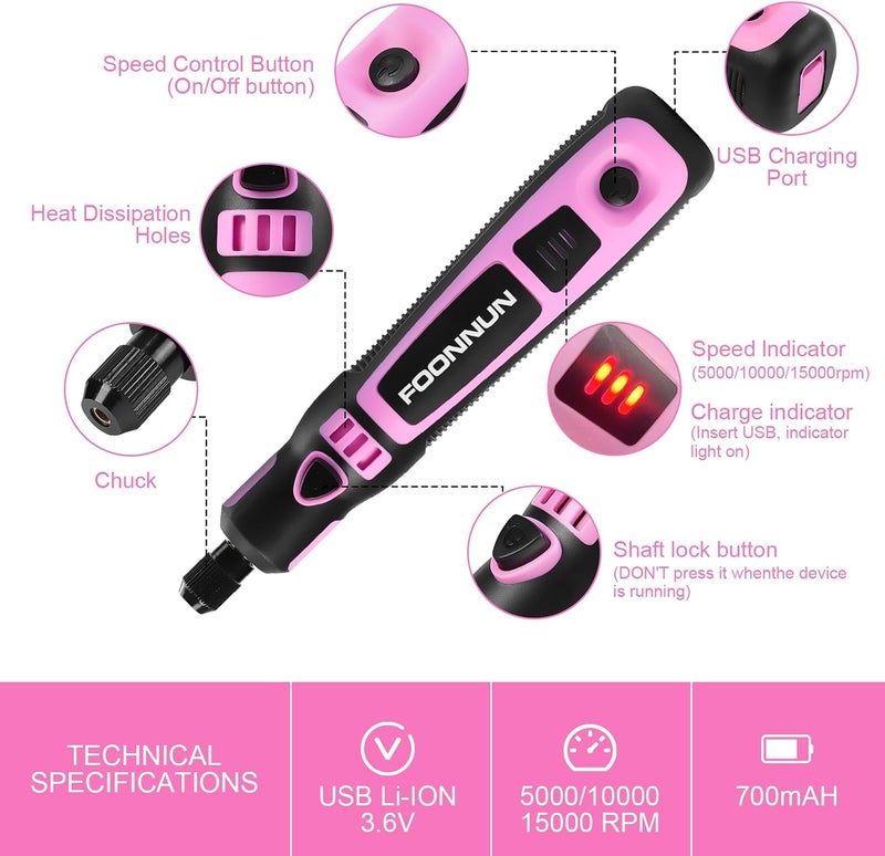 Rotary Tool Kit, Mini Cordless Rotary Tool Set, Cordless DIY Electric Sanding Tool, 3 Speed Variable, 3.6 Volt, with 50 Pieces of Accessories for Sanding, Engraving, Polishing and DIY - Image 2