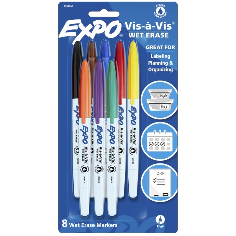 EXPO Vis-a-Vis Wet Erase Marker Set, Fine Tip, Assorted Colors, 8 Count - Image 1