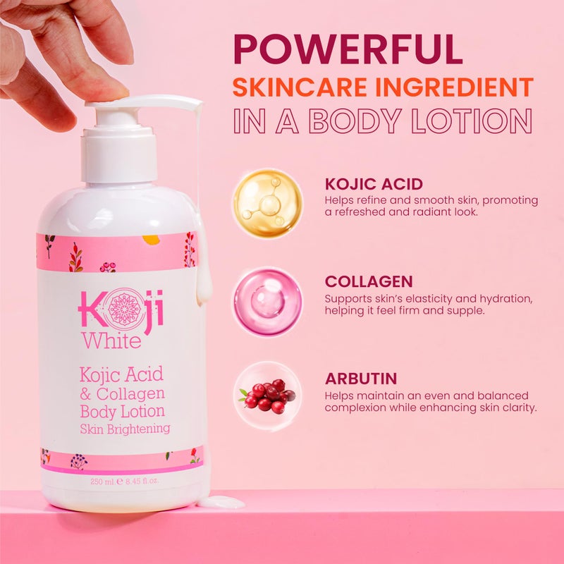 Koji White Kojic Acid & Collagen Body Lotion, Women Gifts Set for Skin Brightening with Arbutin, Glowing Skin, Moisturizer & Radiant Complexion, Uneven Skin Tone - Vegan, 8.45 Fl Oz (2 Packs) - Image 3